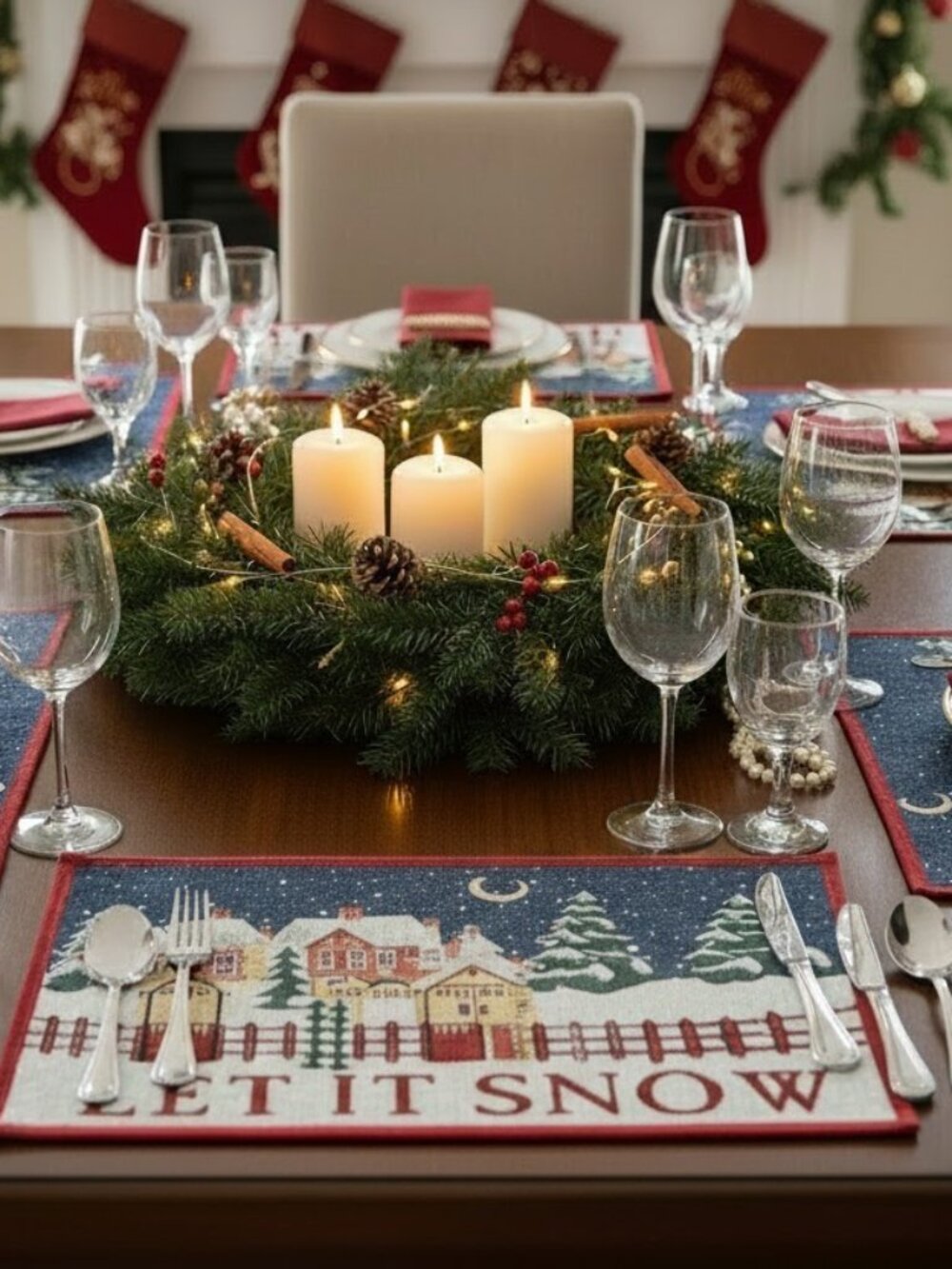 Home Holiday Let It Snow Cotton Blend Winter Tapestry Placemats New 4 Red Blue